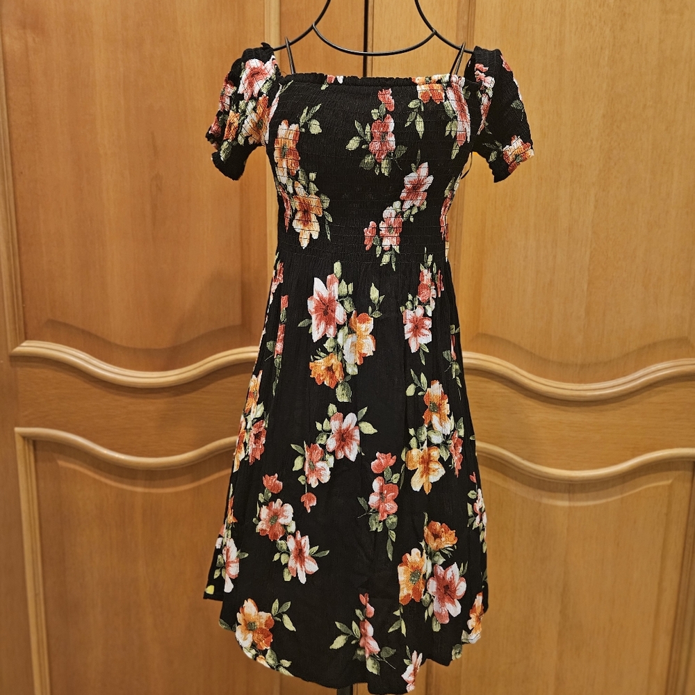 Ambiance Multicolored floral Ruffled Dress with off the shoulder Sleeves